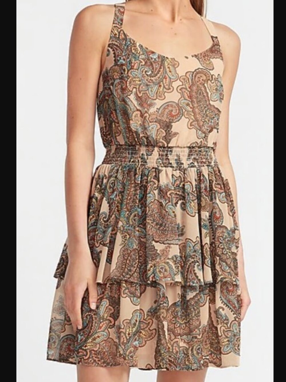 Express Dress XXS Beige Multicolor Paisley Smock Tiered Y2K Mini Summer Boho